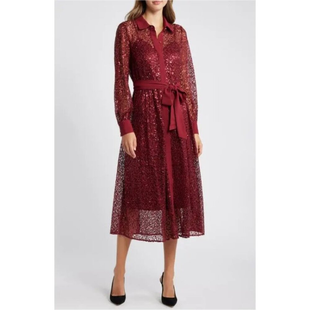 Anne Klein Burgundy Sequin Shirt Midi Dress